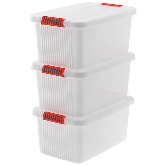 Keter Set di 3 Contenitori in Plastica con Coperchio K-Latch L, Trasparenti, Dotati di Maniglie, Ideali per Vestiti e come Portaoggetti, Adatti per Armadi e Garage, 43 L, 59x39x28H cm