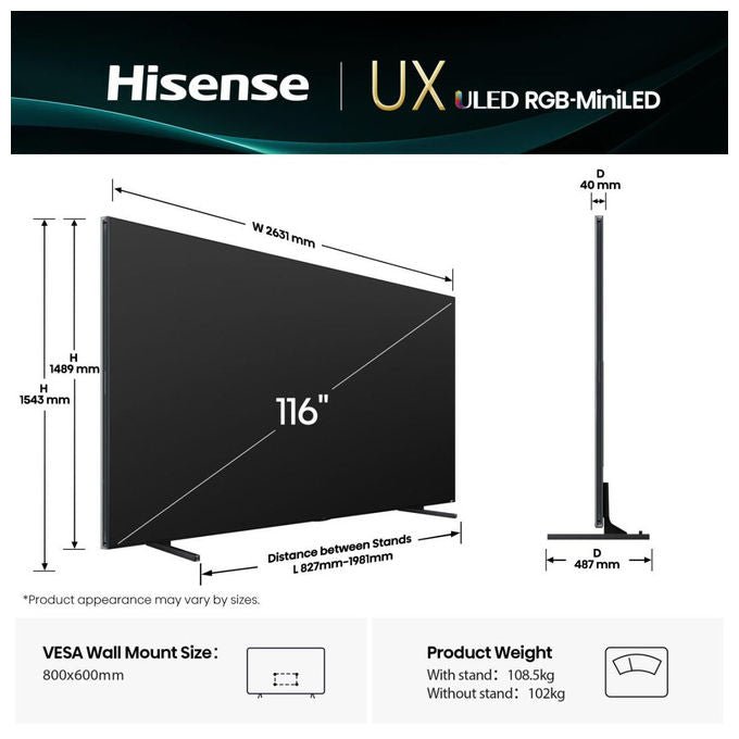 Hisense 116UXQ Smart TV Mini LED ULED 116'' 4K UHD 165 Hz 8000 nit Dolby Atmos Wi-Fi 6 colore Nero