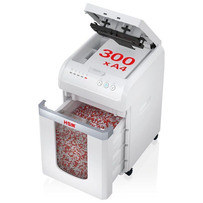 HSM 4026631082921 Shredstar Autofeed X300 Niszczarka frammenti 4 x 12 mm P-4 300 fogli 30 l 360 W 58 dB colore Bianco
