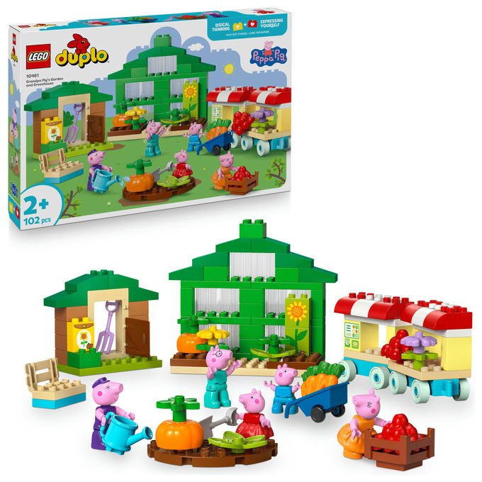 Lego Duplo Peppa Pig, il giardino e la serra di Nonno Pig 10461, set da costruzione, 102 pezzi, 5 personaggi, eta' 2+