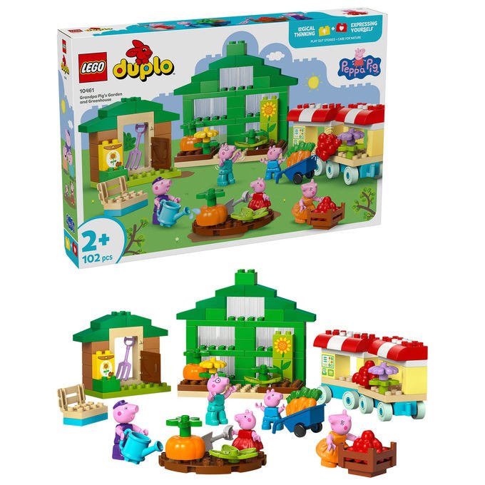 Lego Duplo Peppa Pig, il giardino e la serra di Nonno Pig 10461, set da costruzione, 102 pezzi, 5 personaggi, eta' 2+