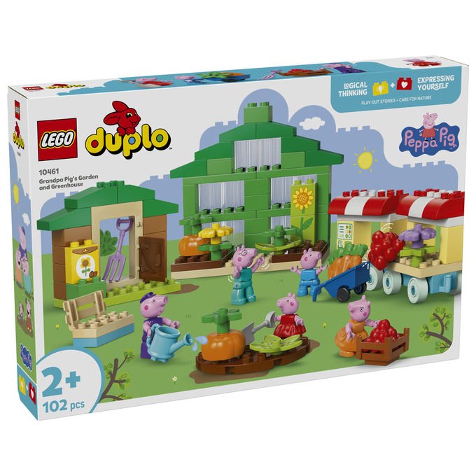 Lego Duplo Peppa Pig, il giardino e la serra di Nonno Pig 10461, set da costruzione, 102 pezzi, 5 personaggi, eta' 2+