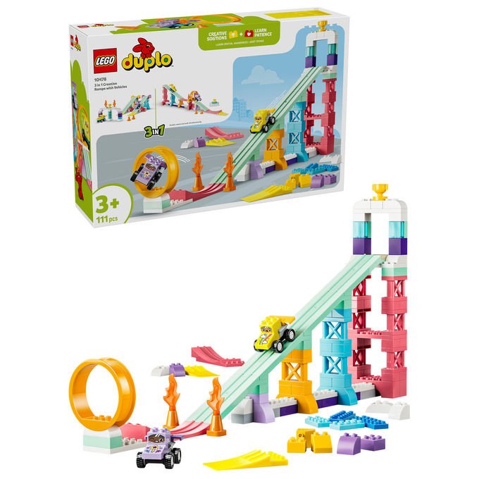 Lego 10478 DUPLO Town Set da costruzione Rampe Creative 3 in 1 con Veicoli 111 pezzi 2 Auto da Corsa 3+ anni