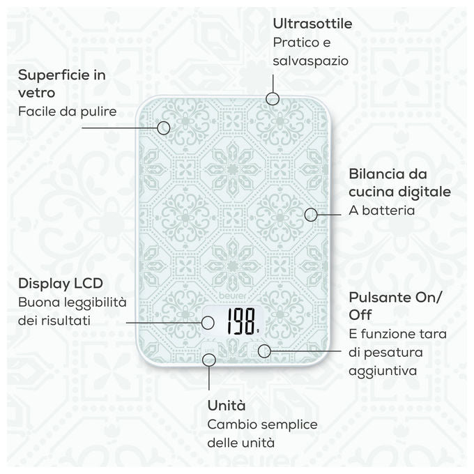Beurer 10682 KS 19 VINTAGE Bilancia da Cucina Digitale Capacita' 5 Kg Precisione 1 g Comando Touch Sensor Vetro colore Bianco Grigio