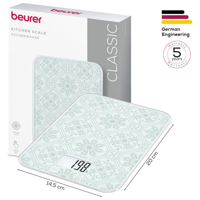 Beurer 10682 KS 19 VINTAGE Bilancia da Cucina Digitale Capacita' 5 Kg Precisione 1 g Comando Touch Sensor Vetro colore Bianco Grigio