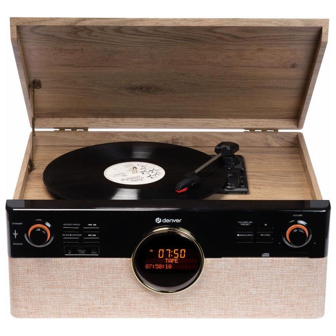Denver MRD-180 Sistema Stereo Retro con Giradischi Radio DAB+ FM Lettore CD Bluetooth Lettore di Cassette Potenza 18 W colore Nero