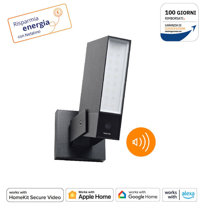 Netatmo Telecamera WIFI Esterna Intelligente con Sirena da 105 dB, Luce Integrata, Sensore di Movimento, Visione Notturna, Senza abbonamenti, Nero Intenso, NOC-S-IT