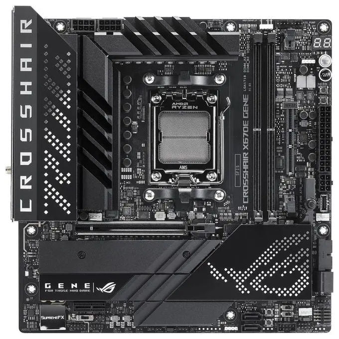 ASUS ROG CROSSHAIR X670E GENE, Scheda Madre Gaming micro-ATX, AMD AM5, DDR5, PCI 5.0, Intel 2.5Gb Ethernet, WiFi 6E (802.11ax), ROG Supreme 7.1 Surround, 3xM.2, 4xSATA 6GB-s, Aura Sync RGB, Nero