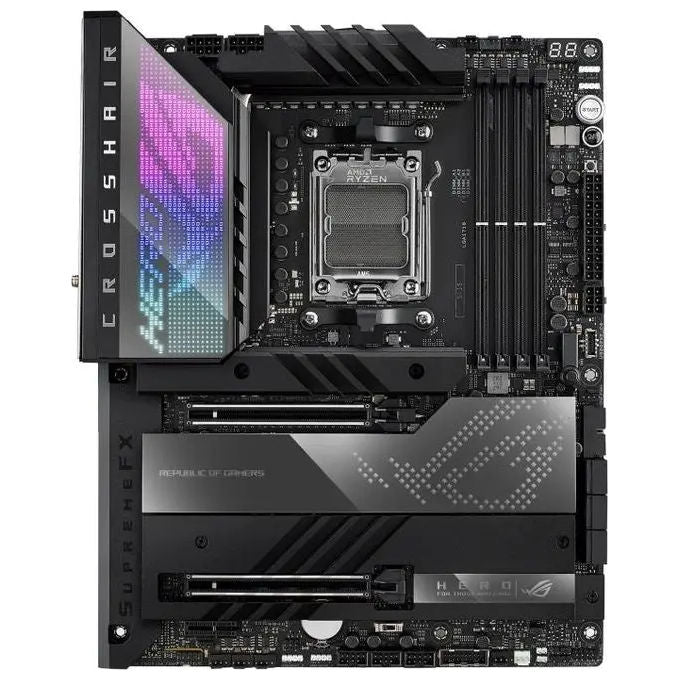 ASUS ROG CROSSHAIR X670E HERO, Scheda Madre Gaming ATX, AMD X670, AMD AM5, DDR5, PCI 5.0, Intel 2.5Gb Ethernet, WiFi 6E (802.11ax), ROG SupremeFX 7.1 Surround, 5xM.2, 6xSATA 6GB-s, Aura Sync RGB, Nero