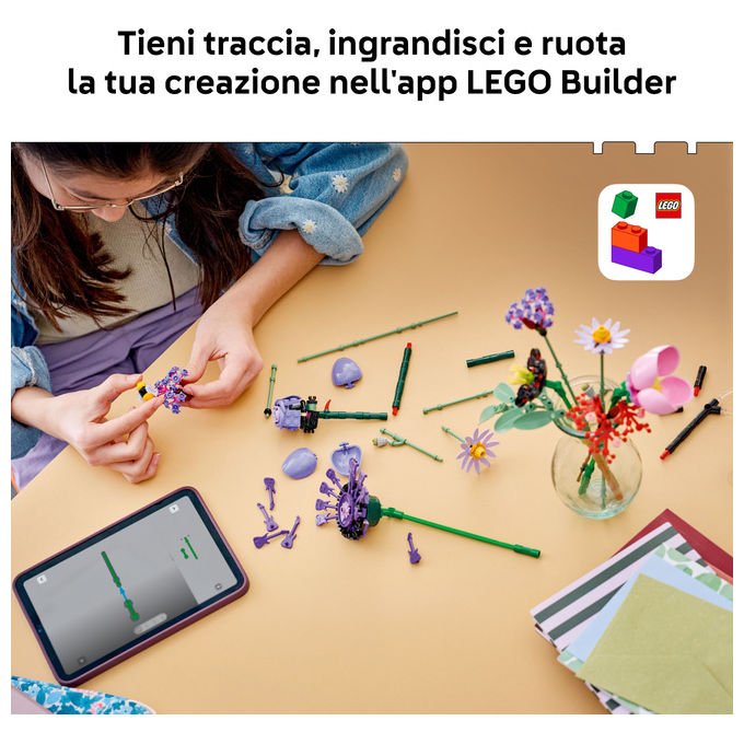 Lego 11507 Botanicals Bouquet di fiori di Olivia Rodrigo 400 pezzi dimensioni 25 cm colore Palette di colori viola con accenti rossi e rosa
