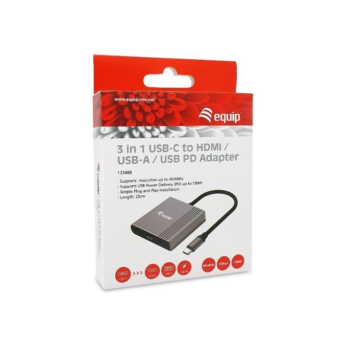 Conceptronic Adattatore 3 in 1 USB-C a HDMI-USB-A-USB PD 4K-60 Hz PD 100W