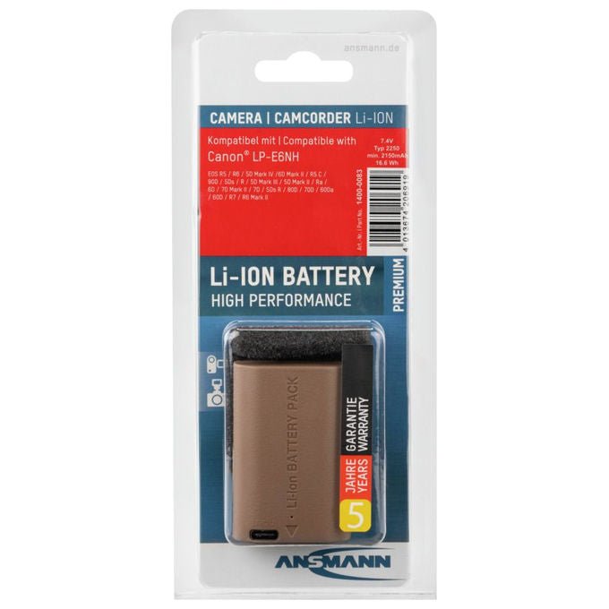 Ansmann A-CAN LPE6 NH Batteria Ricaricabile 7.4 V 2250 mAh per Canon EOS R5 R6 5D Mark IV 6D Mark II colore Nero