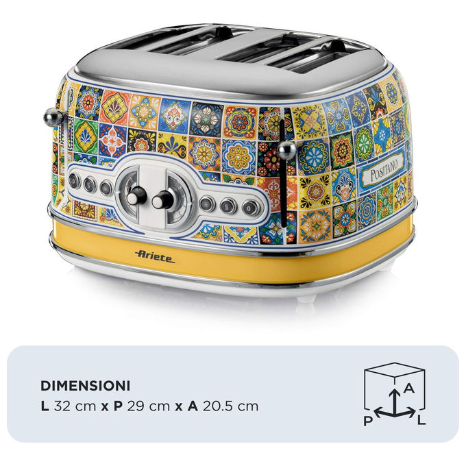 Ariete 156-0P Positano Tostapane 4 Fette 6 Livelli di Doratura Funzione Defrost Vassoio Raccogli Briciole Espulsione Automatica Senza Pinze colore Bianco e Giallo