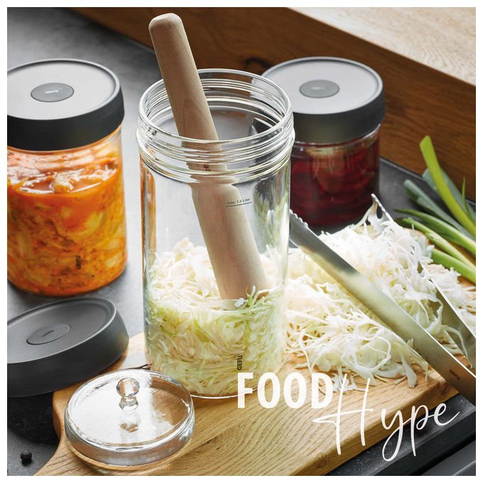 Gefu 4006664158008 NATIVO Set di Fermentazione 1 L con Sistema Ferment Vent Coperchio Peso Pestello Pinze Ricettario incluso colore Trasparente Marrone Acciaio inox