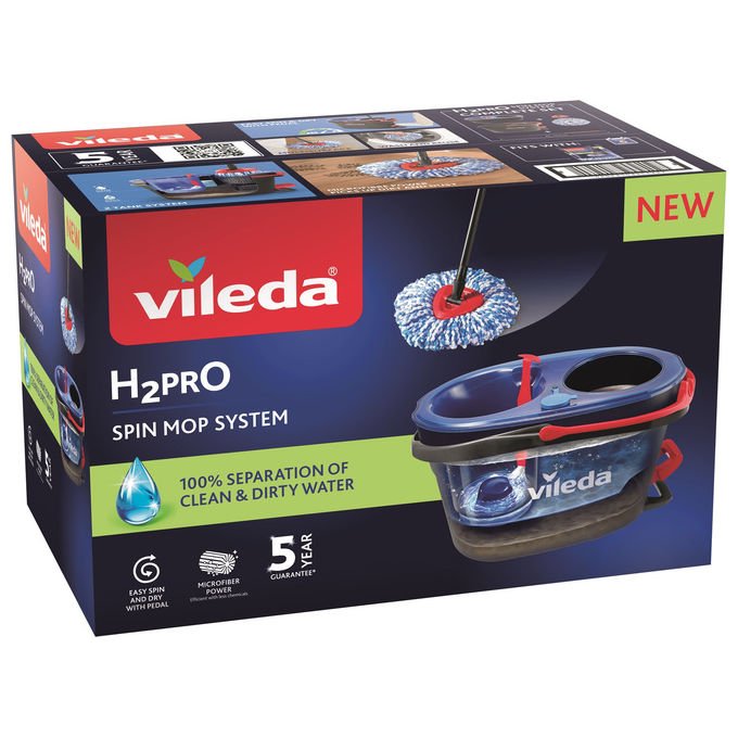 Vileda 4023103254237 H2Pro Spin Mop Sistema Lavapavimenti con Tecnologia Doppio Serbatoio Microfibra Strizzatura a Pedale Piastra Triangolare per Angoli Colore Nero Blu Rosso