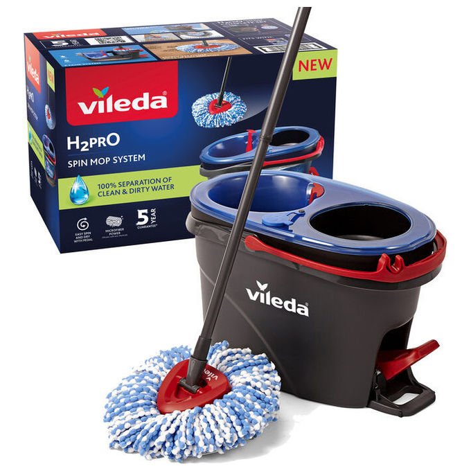Vileda 4023103254237 H2Pro Spin Mop Sistema Lavapavimenti con Tecnologia Doppio Serbatoio Microfibra Strizzatura a Pedale Piastra Triangolare per Angoli Colore Nero Blu Rosso