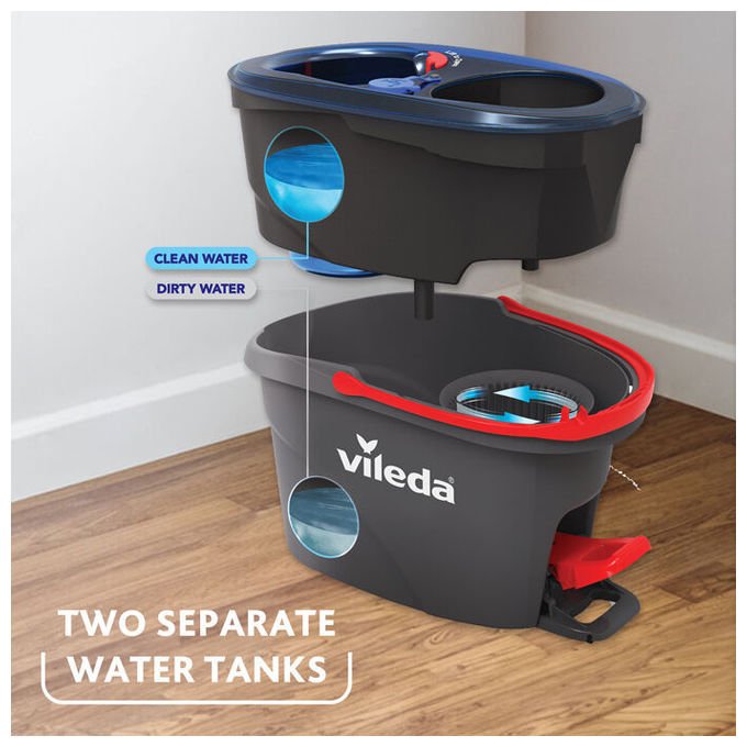 Vileda 4023103254237 H2Pro Spin Mop Sistema Lavapavimenti con Tecnologia Doppio Serbatoio Microfibra Strizzatura a Pedale Piastra Triangolare per Angoli Colore Nero Blu Rosso