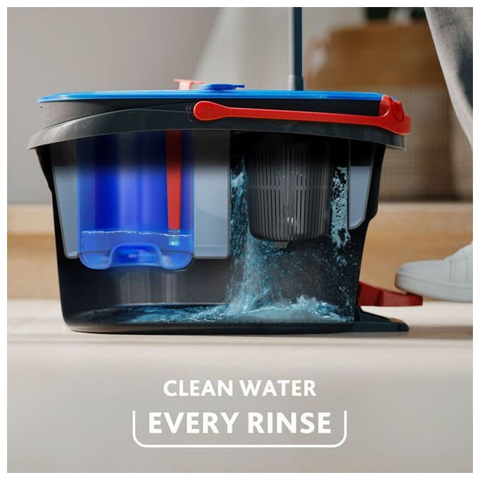 Vileda 4023103254237 H2Pro Spin Mop Sistema Lavapavimenti con Tecnologia Doppio Serbatoio Microfibra Strizzatura a Pedale Piastra Triangolare per Angoli Colore Nero Blu Rosso