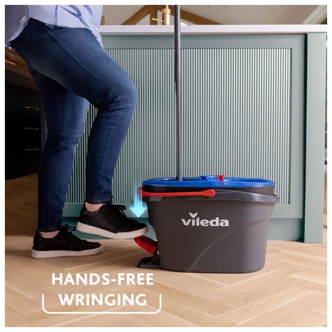 Vileda 4023103254237 H2Pro Spin Mop Sistema Lavapavimenti con Tecnologia Doppio Serbatoio Microfibra Strizzatura a Pedale Piastra Triangolare per Angoli Colore Nero Blu Rosso