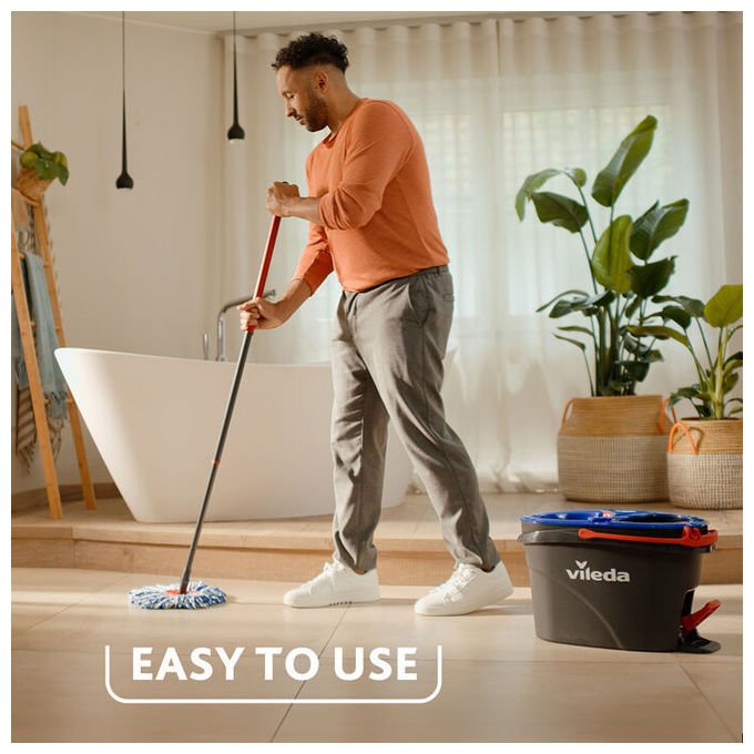 Vileda 4023103254237 H2Pro Spin Mop Sistema Lavapavimenti con Tecnologia Doppio Serbatoio Microfibra Strizzatura a Pedale Piastra Triangolare per Angoli Colore Nero Blu Rosso