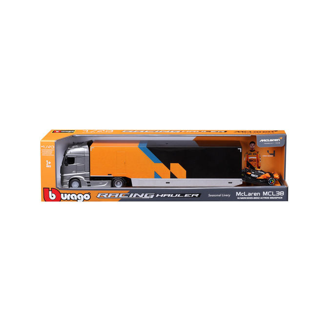 Bburago 18-38401 Modellino auto Mercedes Semi Truck e Monoposto McLaren MCL38 #4 di Lando Norris 1:43 colore N-A