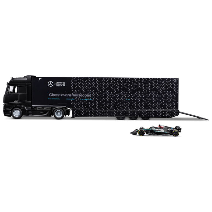 Bburago 38402 F1 2024 Modello die-cast camion semi-trailer con monoposto Mercedes W15 colore Argento-Nero