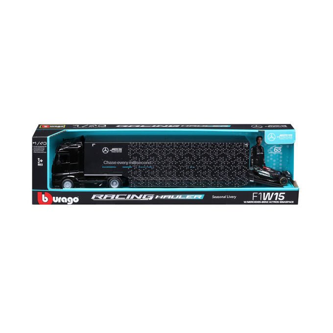 Bburago 38402 F1 2024 Modello die-cast camion semi-trailer con monoposto Mercedes W15 colore Argento-Nero