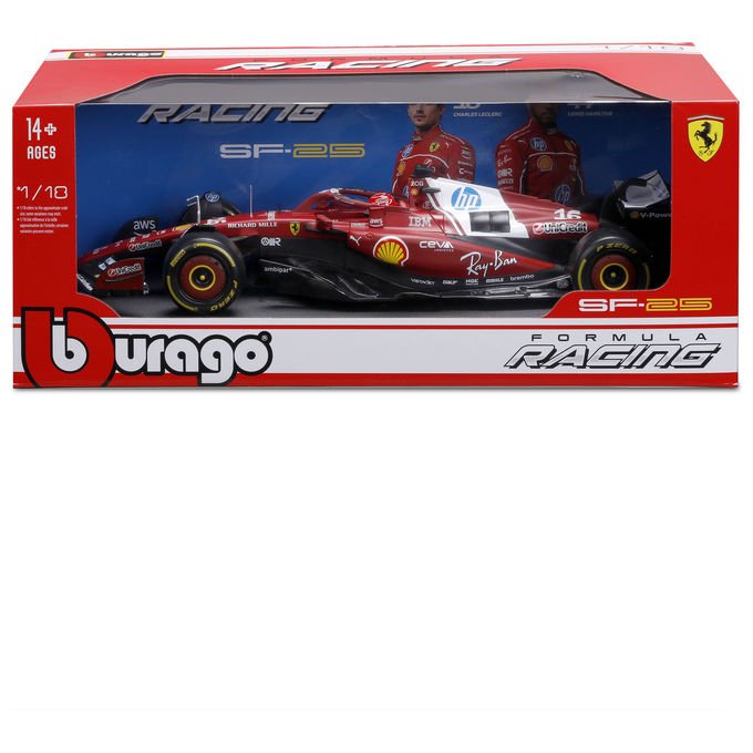 Bburago 18-16816-L F1 Ferrari SF-25 Modellino Auto Gia' Assemblato Scala 1:18 Die-cast con Parti in Plastica Numero 16 Charles Leclerc Stagione 2025 colore Rosso