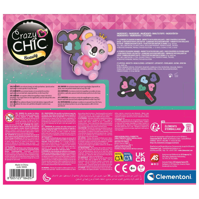 Clementoni 18405 Crazy Chic Trousse Make-up Giocattolo con 6 Ombretti e Rossetto colore Rosa
