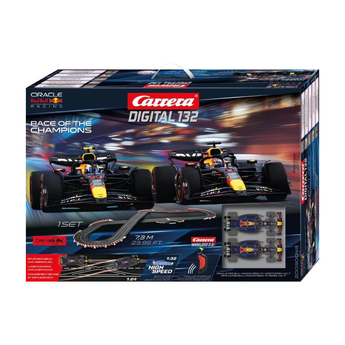 Carrera 4007486300484 Digital 132 Race of the Champions Set Circuito 7.3 m con 2 Auto Red Bull Racing RB20 Compatibile Fino a 6 Giocatori Controller Wireless 2.0 colore Rosso
