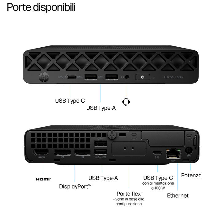 HP E07KNAT HP EliteDesk 8 Mini G1i AI PC Mini PC Intel Core Ultra 7 265T 32 GB DDR5-SDRAM 1 TB SSD NVMe Intel Graphics Wi-Fi 7 Bluetooth 5.4 Windows 11 Pro colore Jack black