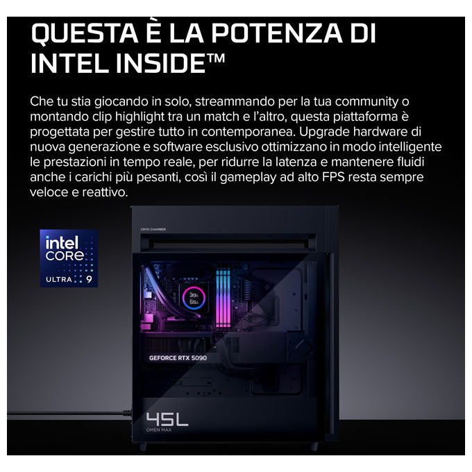 HP E4EU2EA OMEN MAX 45L PC Gaming Intel Core Ultra 9 285K 32 GB DDR5 6800 MHz NVIDIA GeForce RTX 5070 12 GB GDDR7 Wi-Fi 7 Bluetooth 6.0 Tower colore Nero