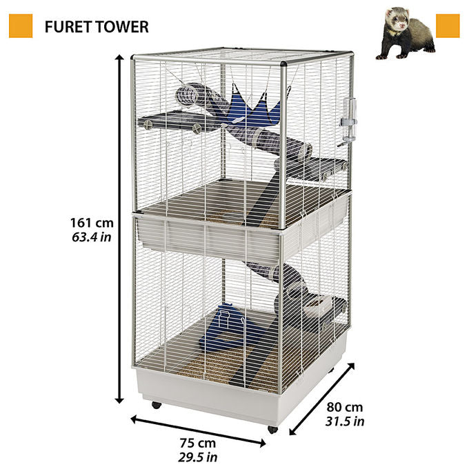Ferplast Gabbia per furetti FURET TOWER, Struttura verticale su piu' piani, Ruote e accessori inclusi, Metallo verniciato Grigio e plastica, 75 x 80 x h 161 cm