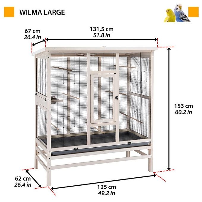 Ferplast Voliera per Uccelli in legno FSC  WILMA LARGE, Gabbia per Canarini Cocorite, Accessori inclusi