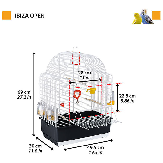 Ferplast Gabbia per Uccelli IBIZA OPEN Gabbia per Canarini, Bengalini, Cocorite, Inseparabili, in Metallo, Accessori inclusi Posatoi Mangiatoie Girevoli, 49,5 x 30 x h 69 cm.