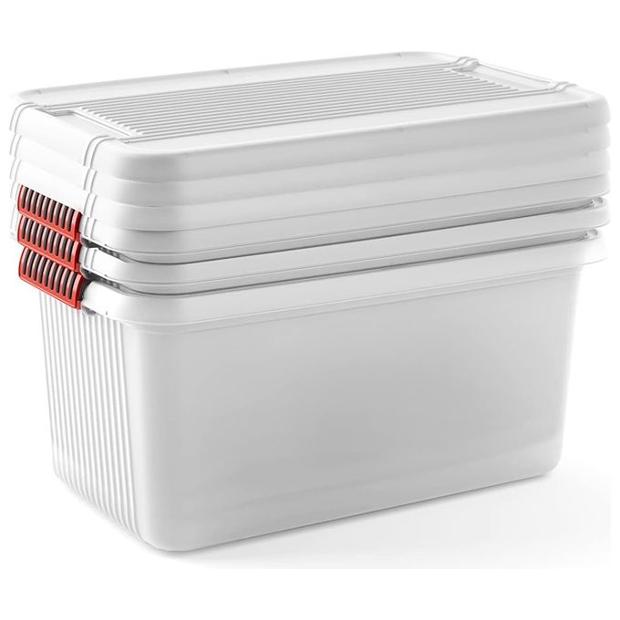 Keter Set di 3 Contenitori in Plastica con Coperchio K-Latch L, Trasparenti, Dotati di Maniglie, Ideali per Vestiti e come Portaoggetti, Adatti per Armadi e Garage, 43 L, 59x39x28H cm