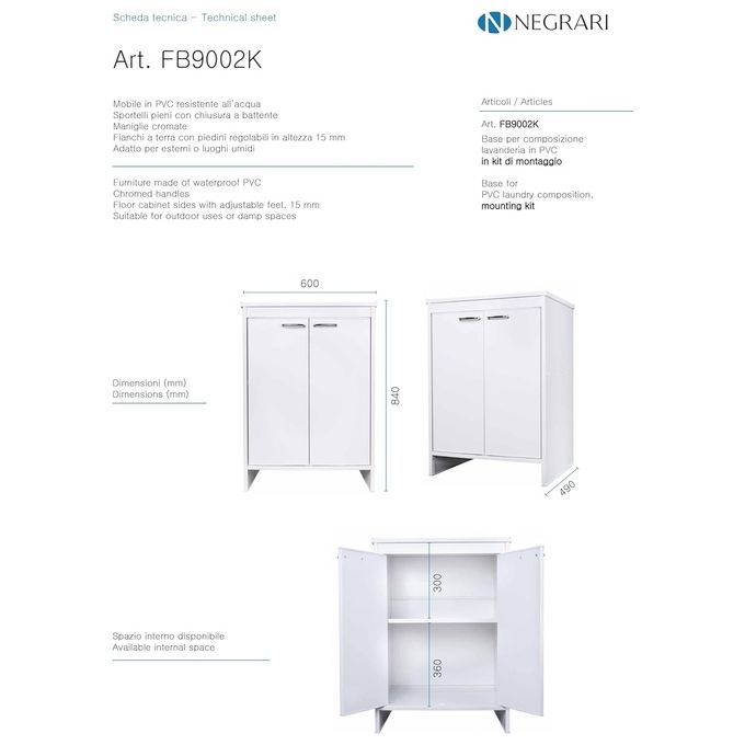 Armadietto Base in PVC da 60x50 cm con ripiano interno e schienale posteriore.