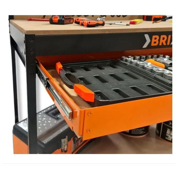 Brixo Banco da lavoro con pannello forato cassetto e ripiano Hobby e Job cm 120x60xh150
