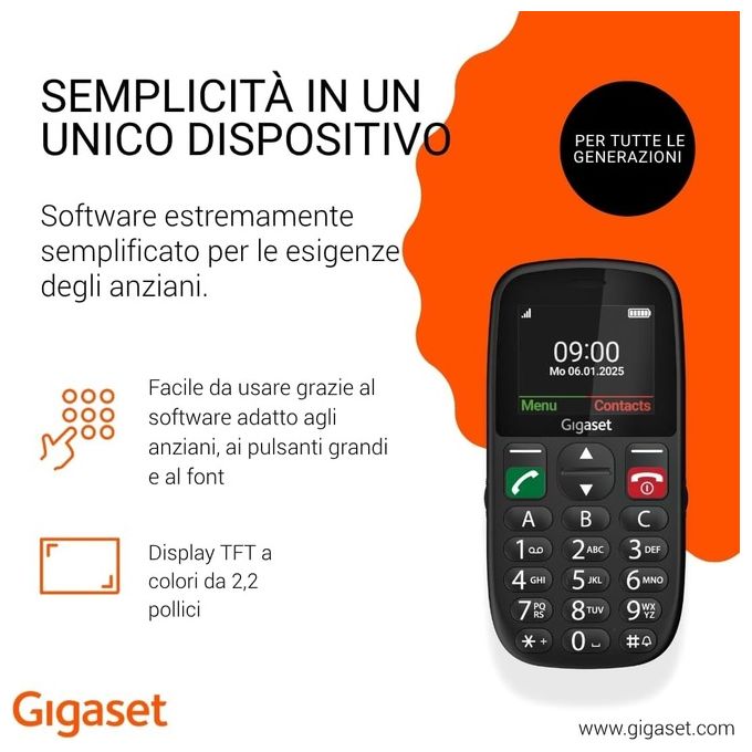 Gigaset GL395 Telefono Cellulare per Anziani Nero Sim Singola Tasto SOS