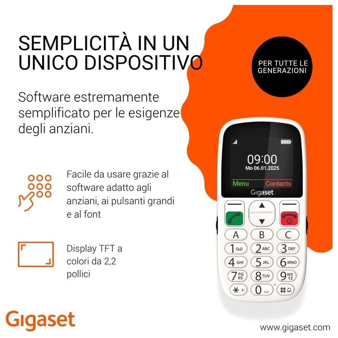 Gigaset Telefono per Anziani GL395 Display 2.2'' Tasto SOS Bianco