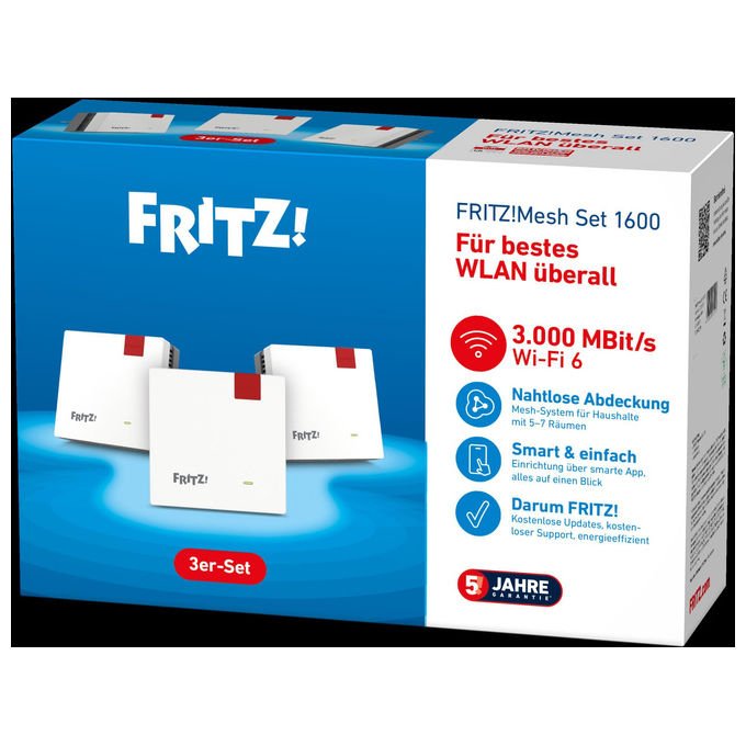 Fritz! 20003111 Mesh Set 1600 Sistema Mesh Wi-Fi 6 (802.11ax) Dual-band 2.4 GHz 5 GHz 3000 Mbit-s colore Rosso Bianco