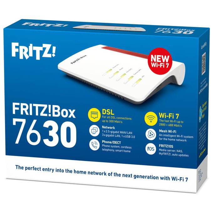 Fritz! 20003149 FRITZ!Box 7630 Router DSL Wi-Fi 7 fino a 3568 Mbit-s Mesh WPA3 WPA2 Porte 2.5 Gigabit DECT integrato