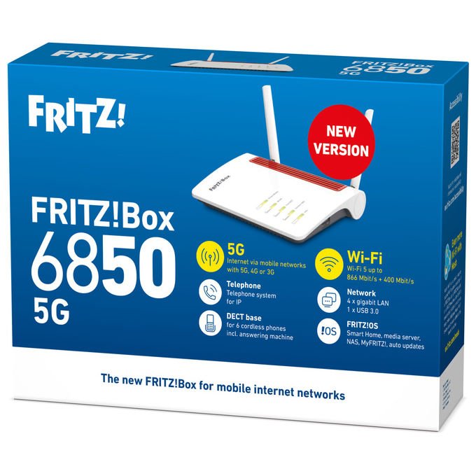 Fritz! 20003181 FRITZ!Box 6850 5G v2 Edition International Router wireless Wi-Fi 5 Dual Band 2,4 GHz 5 GHz 4 porte Gigabit Ethernet SIM interna per 3G 4G 5G mesh compatibile colore Bianco