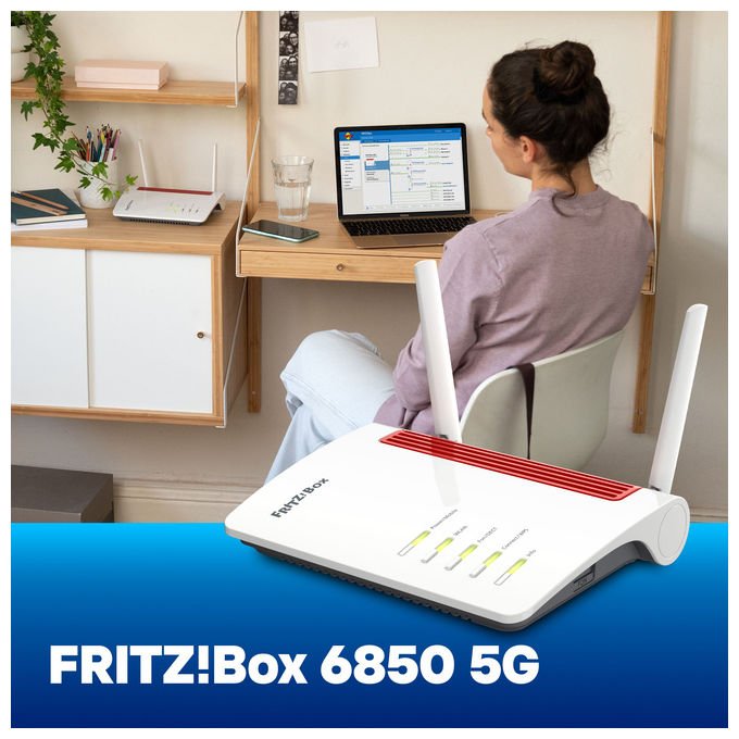 Fritz! 20003181 FRITZ!Box 6850 5G v2 Edition International Router wireless Wi-Fi 5 Dual Band 2,4 GHz 5 GHz 4 porte Gigabit Ethernet SIM interna per 3G 4G 5G mesh compatibile colore Bianco