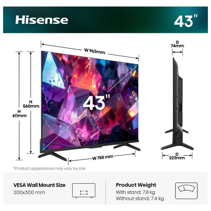 Hisense 20018525 Q7 Series Televisore QLED 4K 43'' 144Hz Dolby Vision IQ HDR10+ Dolby Atmos VIDAA OS Alexa Built-in AirPlay2 colore Nero