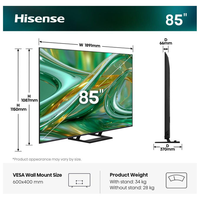 Hisense 20019278 85E8S Smart TV 4K Ultra HD Mini LED 144 Hz Wi-Fi HDR10+ Dolby Vision VIDAA colore Nero