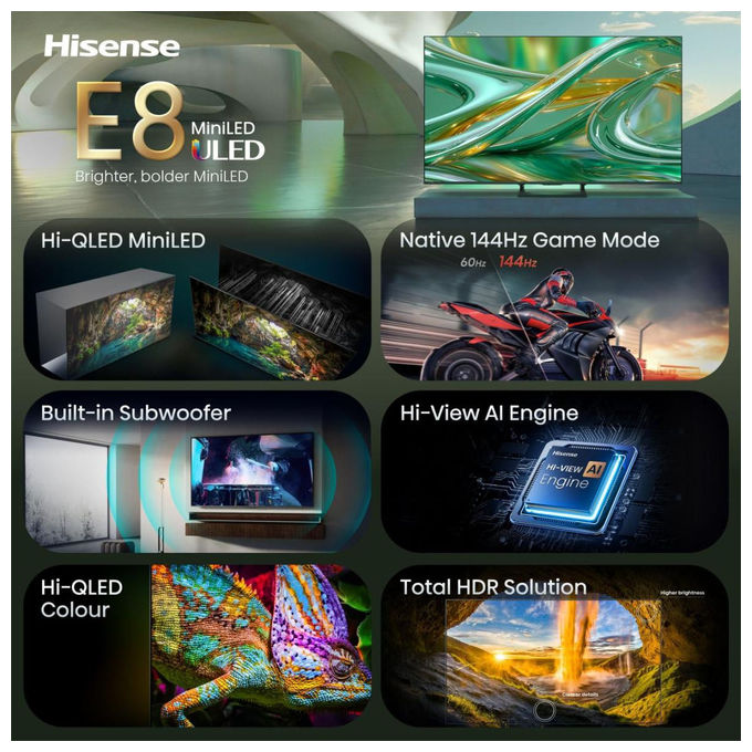 Hisense 20019278 85E8S Smart TV 4K Ultra HD Mini LED 144 Hz Wi-Fi HDR10+ Dolby Vision VIDAA colore Nero