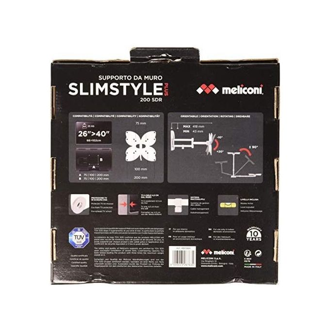 Meliconi Supporto da Parete 200Sdr Plus Bianco per Tv a Schermo Piatto da 26'' a 40'' 3 Snodi Max 25Kg
