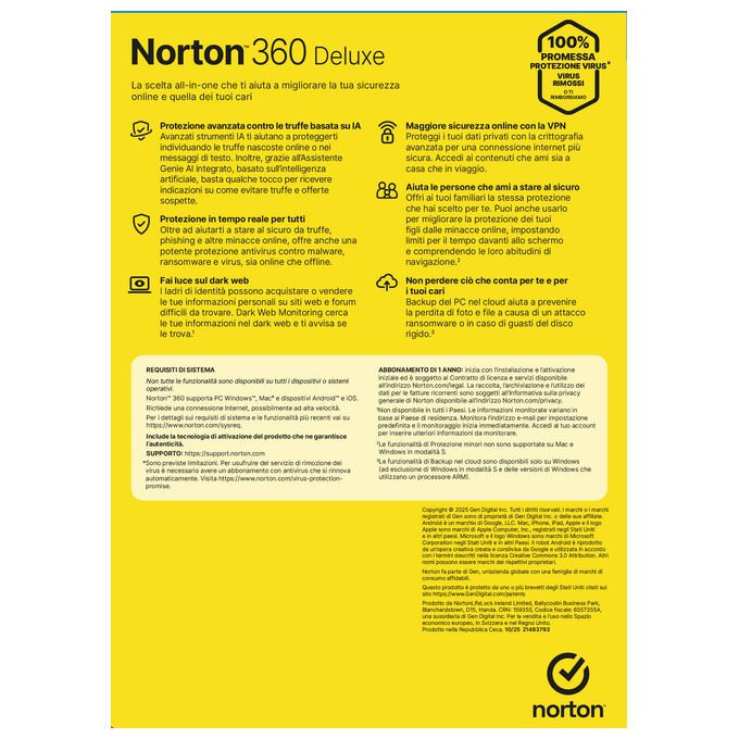 Norton 360 Deluxe Antivirus 3 Dispositivi 12 Mesi 25GB Antitruffa