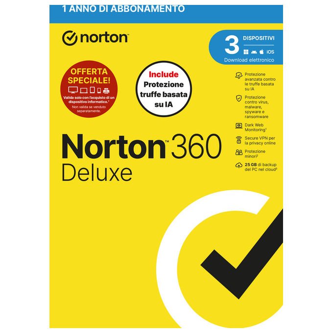 Norton 360 Deluxe Antivirus 3 Dispositivi 12 Mesi 25GB Antitruffa